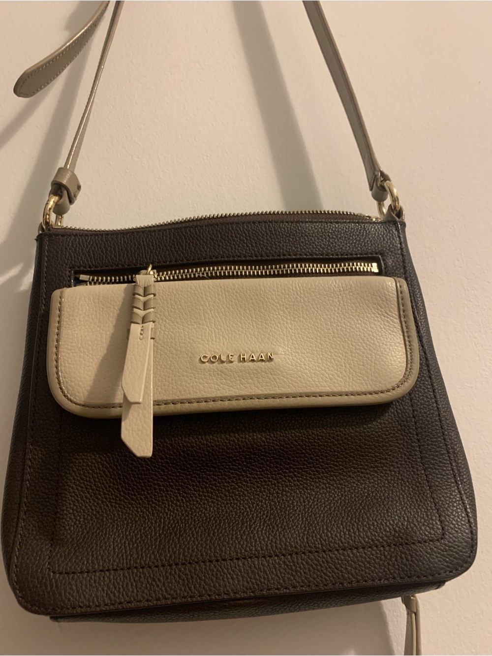 Cole Haan Brown and Cream Leather Crossbody with Front Pocket